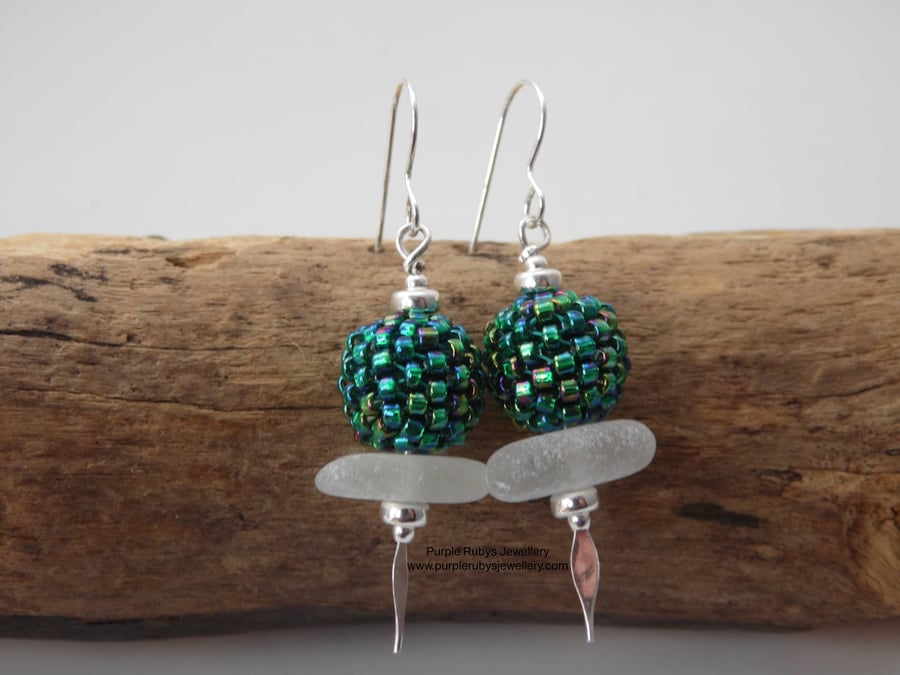 White Cornish Sea Glass, Green Aurora Woven Beads Earrings, Sterling Silver E533