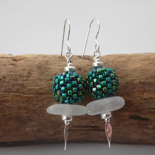 White Cornish Sea Glass, Green Aurora Woven Beads Earrings, Sterling Silver E533