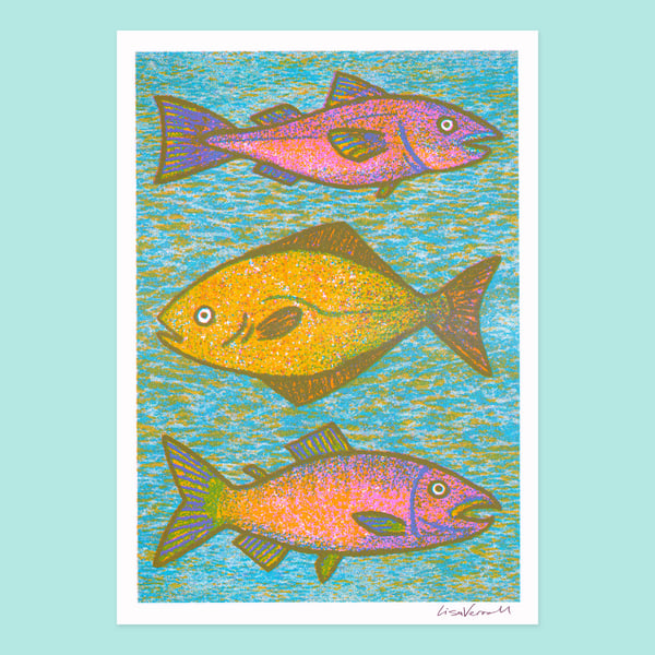 Three Fishes, 3-colour risograph print