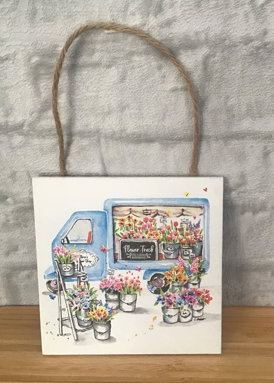 Vintage blue flower truck.  Wooden hanging wall plaque.  