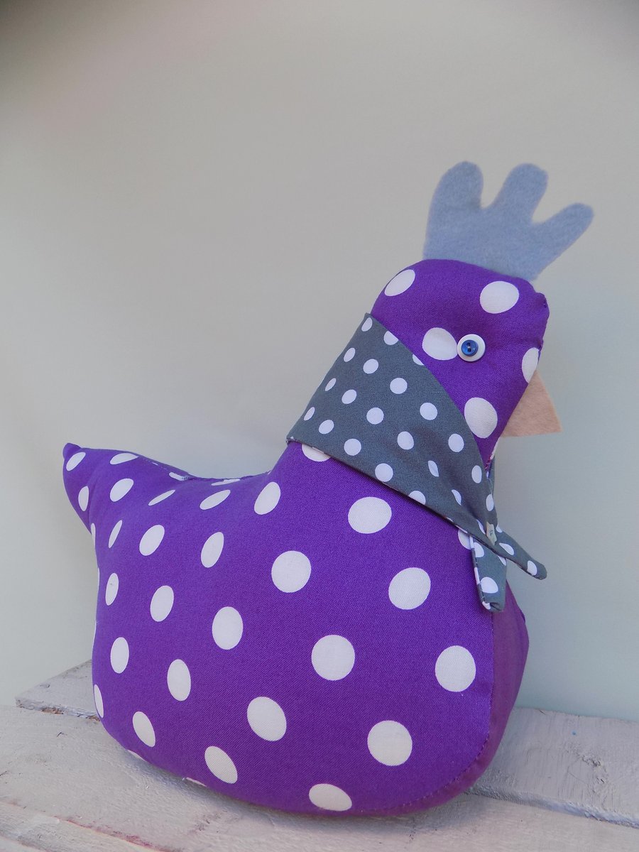 Chicken Hen DOORSTOP Handmade Purple & White Polka dot SPOTTY With Head Scarf