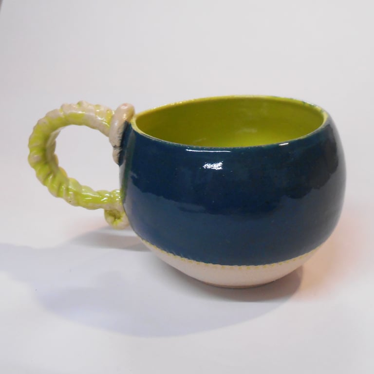 Handmade wheel thrown Mug, barley sugar Twisted Handles Green, light and dark.