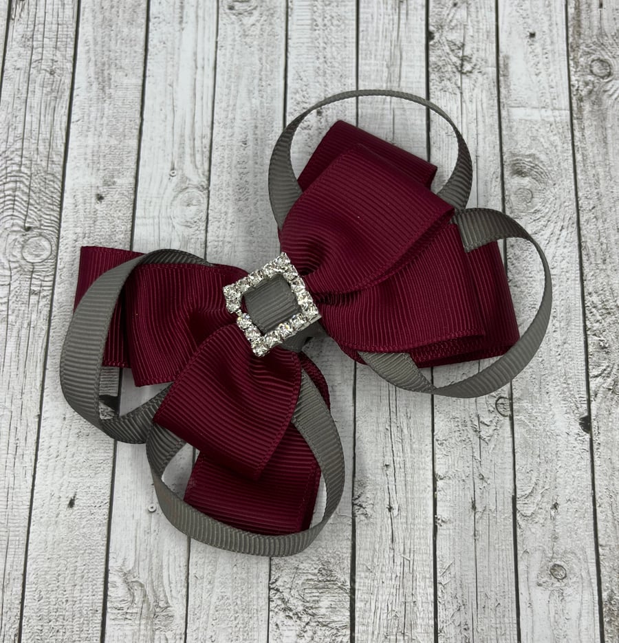School Wine Double Layer Bow with Grey Loops on Clip