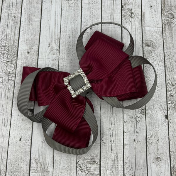 School Wine Double Layer Bow with Grey Loops on Clip