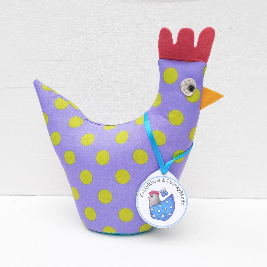 Chicken Doorstop Purple and Lime Green Polka Dots