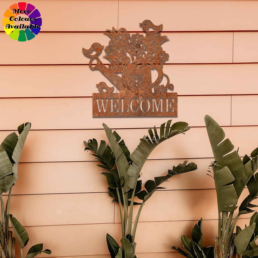 Rusted Metal Welcome Sign: Gardeners Gift with Watering Can & Birds