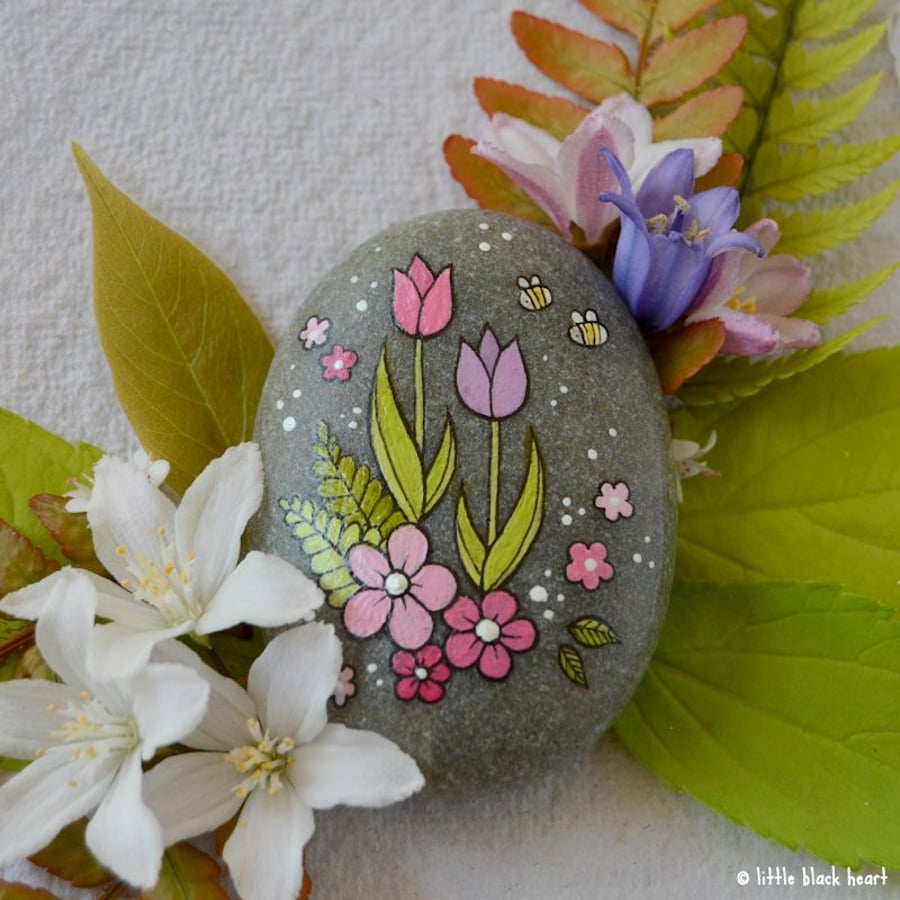 tulips, ferns, blossom and bees - pebble art