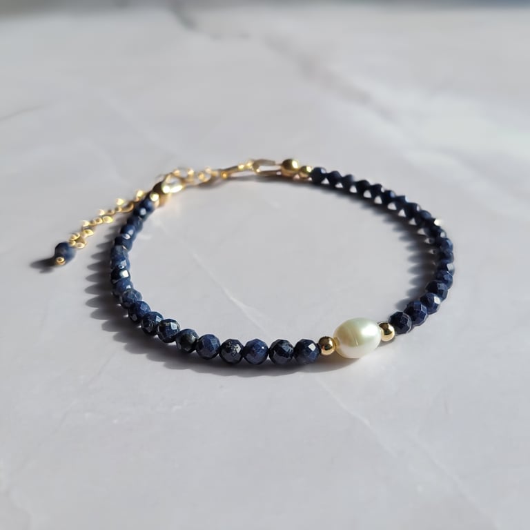 Sapphire and Pearl Bracelet 14kt Gold Filled, September Birthstone Jewellery