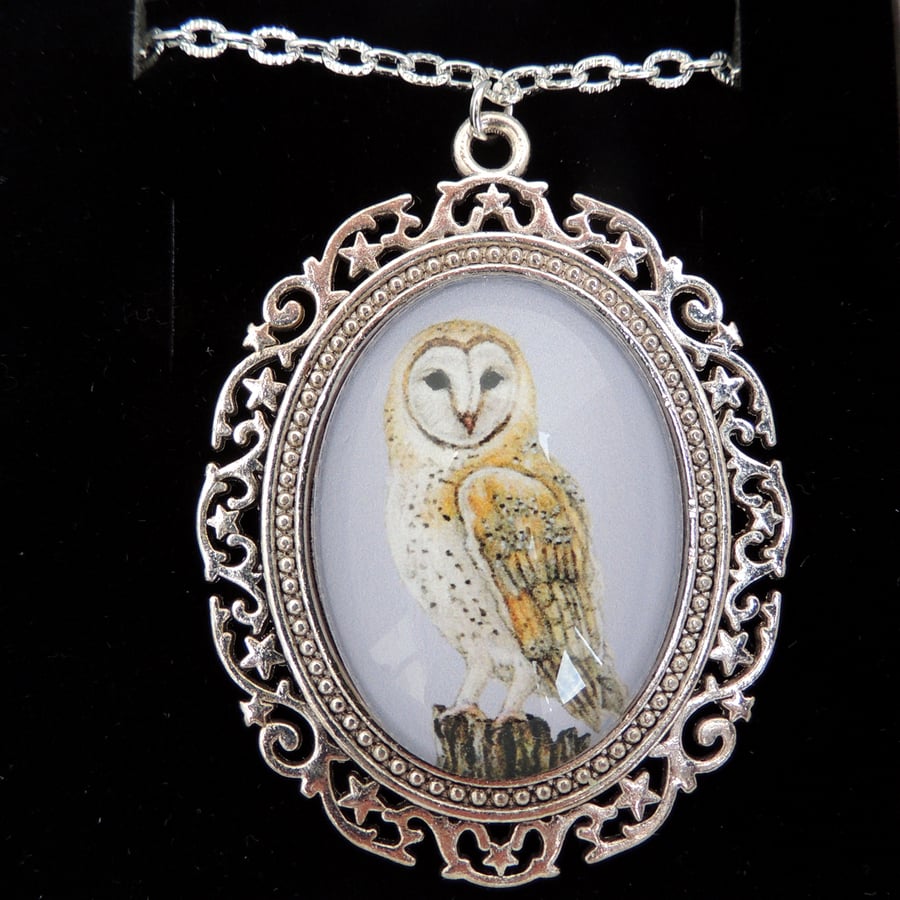 Barn Owl Pendant Necklace - Fancy Silver Style