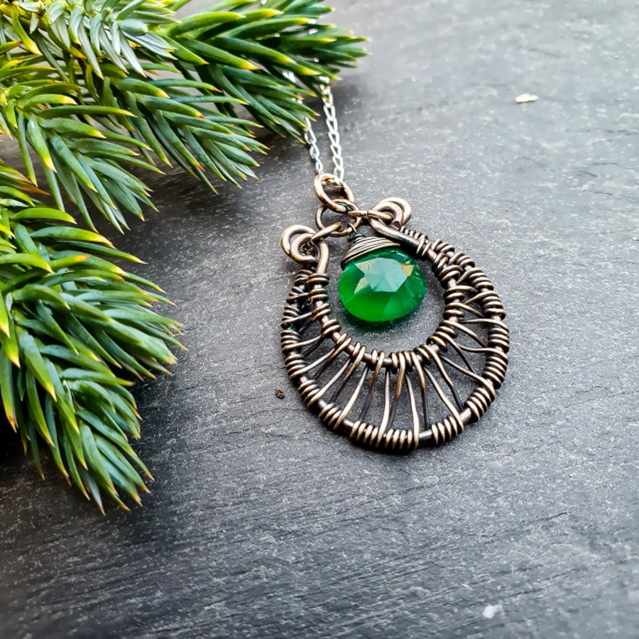 Green Onyx and Sterling Silver Wirework Moon Pendant