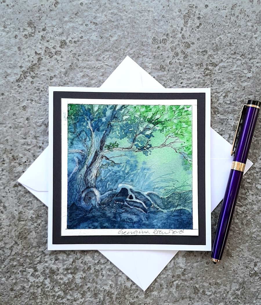 Blank Card Handpainted Forest Light Birthday Anniversary Card