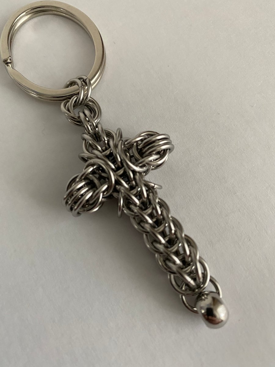 Stainless Steel Chainmail Cross Keyring