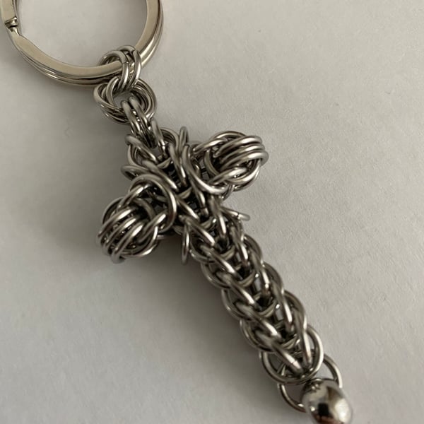 Stainless Steel Chainmail Cross Keyring