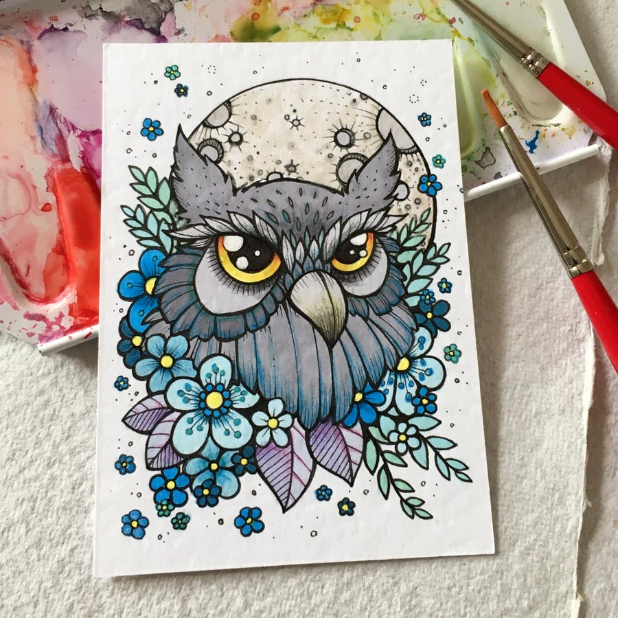 winters owl - original aceo