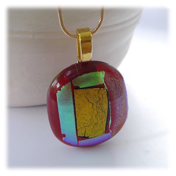 Red Dichroic Glass Pendant 160 Gold Shimmer with gold plated chain