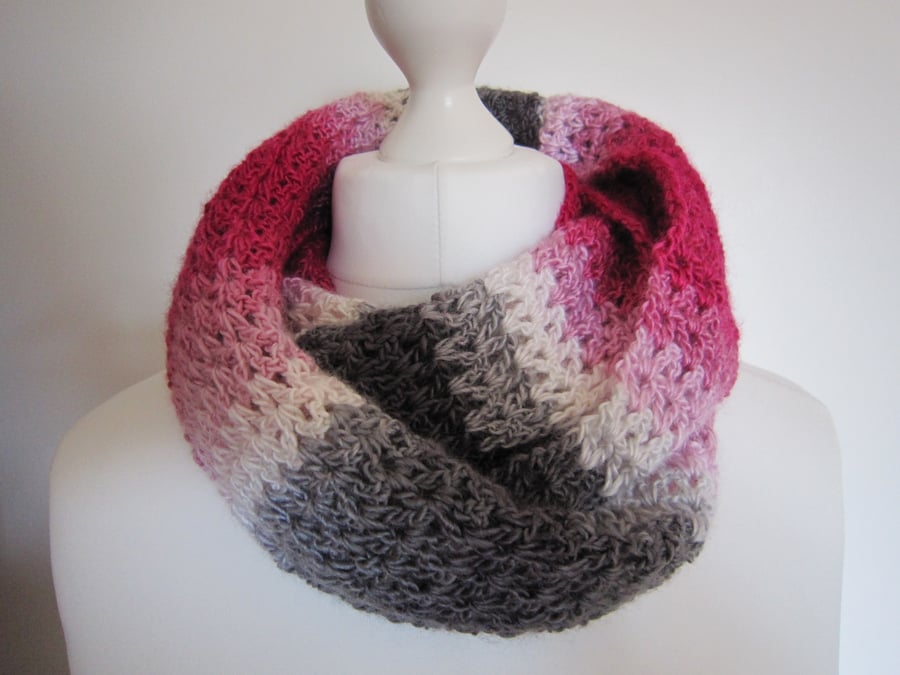 Crochet Infinity Scarf, Grey scarf, pink scarf, white scarf, ombre scarf, womens
