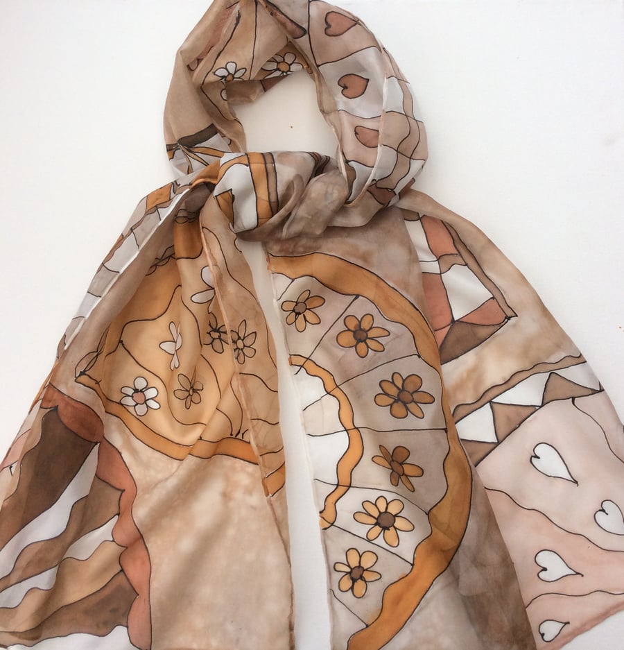 Decorative Brown Fans hand painted silk scarf