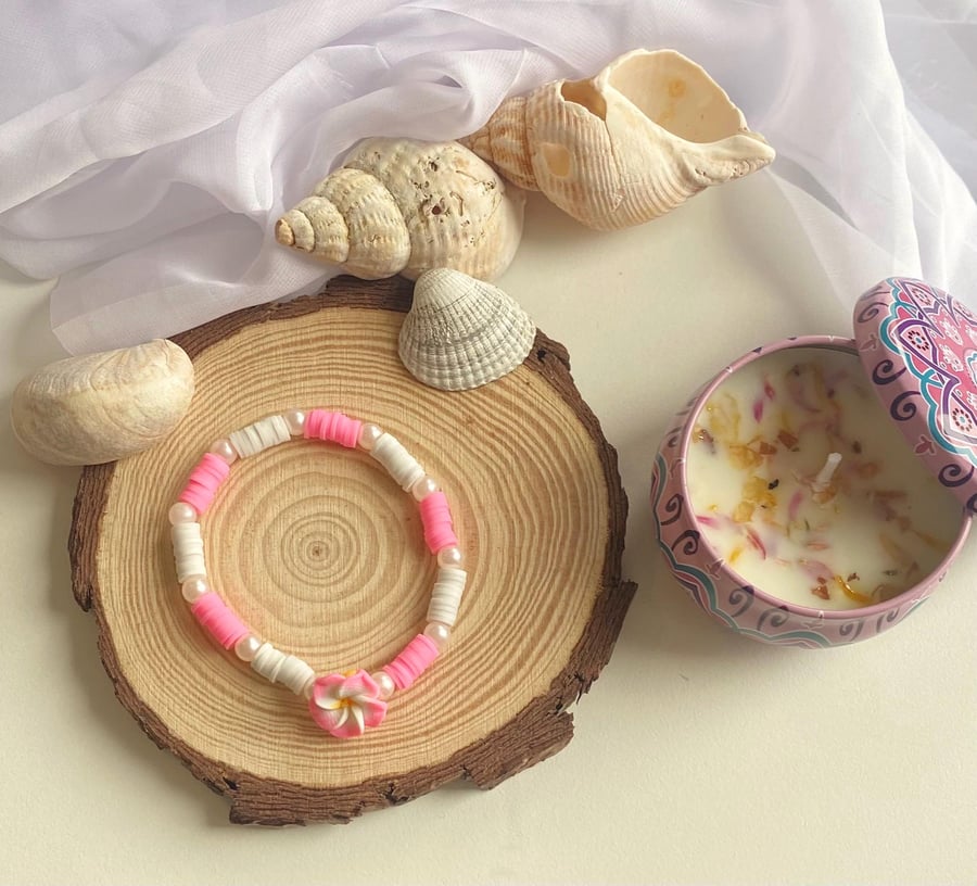 Pink Blossom Clay Bead Bracelet Handmade Stretch Charm Bracelet