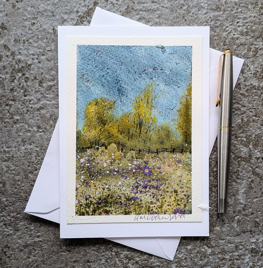Daisy Meadow. Blank Card. Unique Mixed Media Art 260199