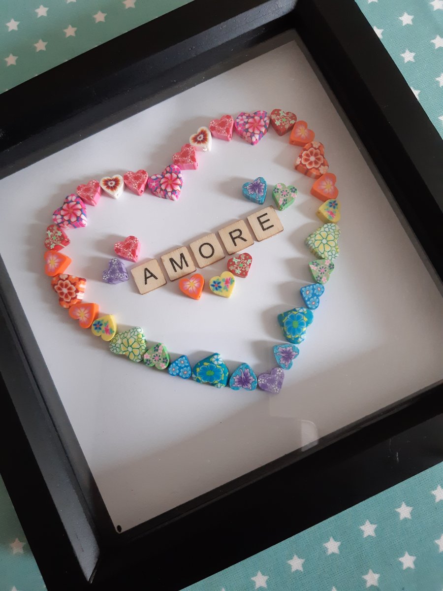 Polymer clay rainbow heart in box frame Amore