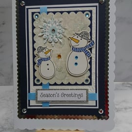 Christmas Card Snow Snowmen Snowflakes Season's Greetings 3D Luxury Handmade