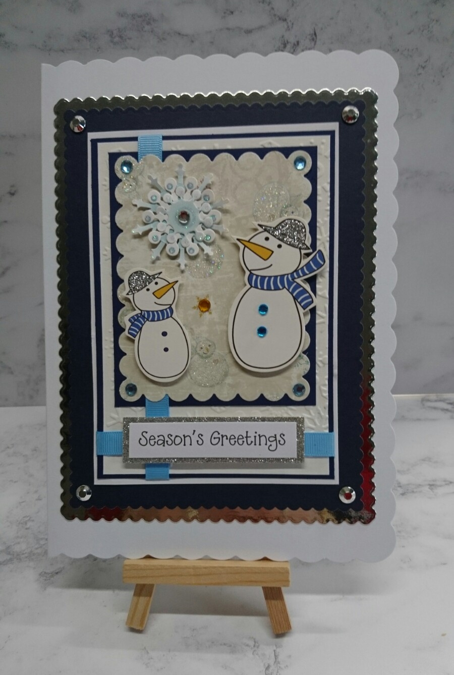 Christmas Card Snow Snowmen Snowflakes Season's Greetings 3D Luxury Handmade