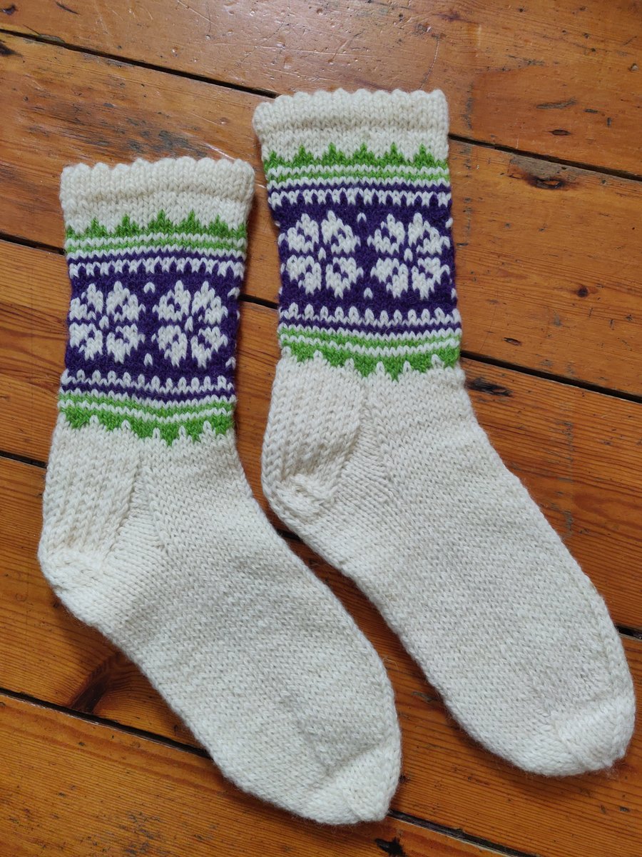 Hand knit wool socks white green purple rustic traditional fairisle pattern 