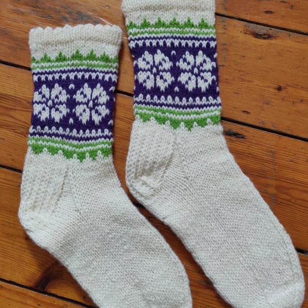 Hand knit wool socks white green purple rustic traditional fairisle pattern 