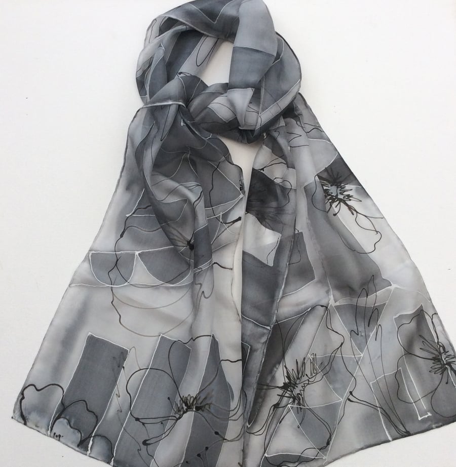 Grey abstract design hand painted silk scarf 