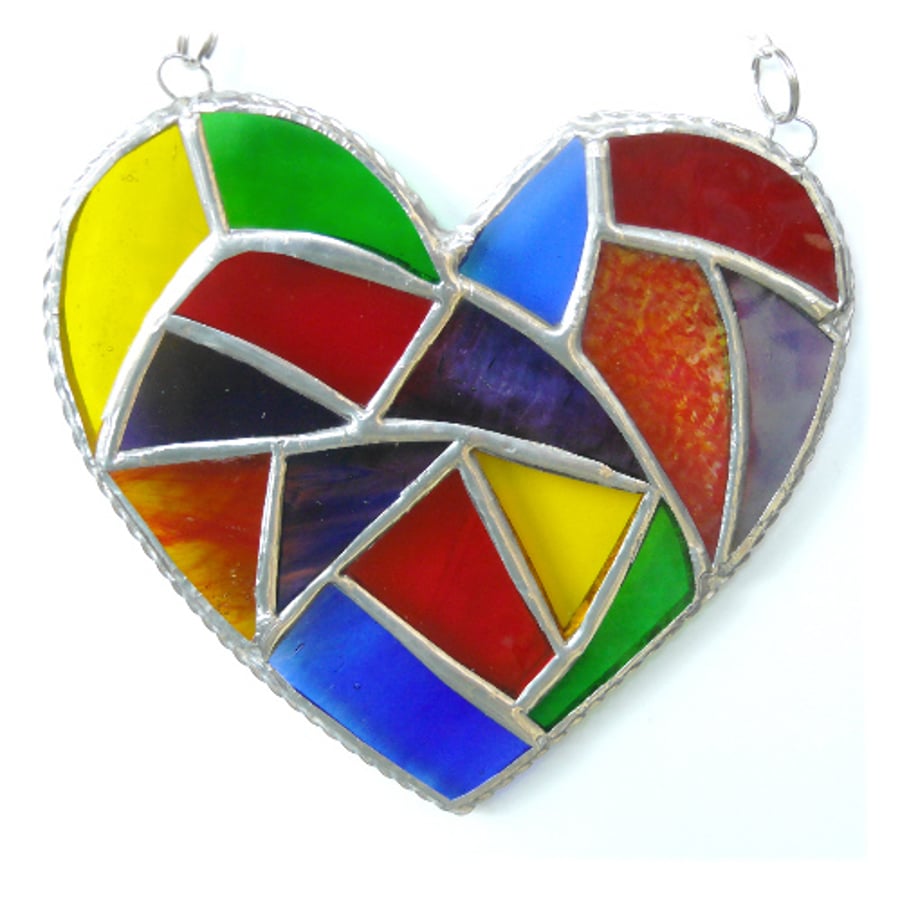 Fat Patchwork Heart Suncatcher Rainbow Stained Glass Handmade 016