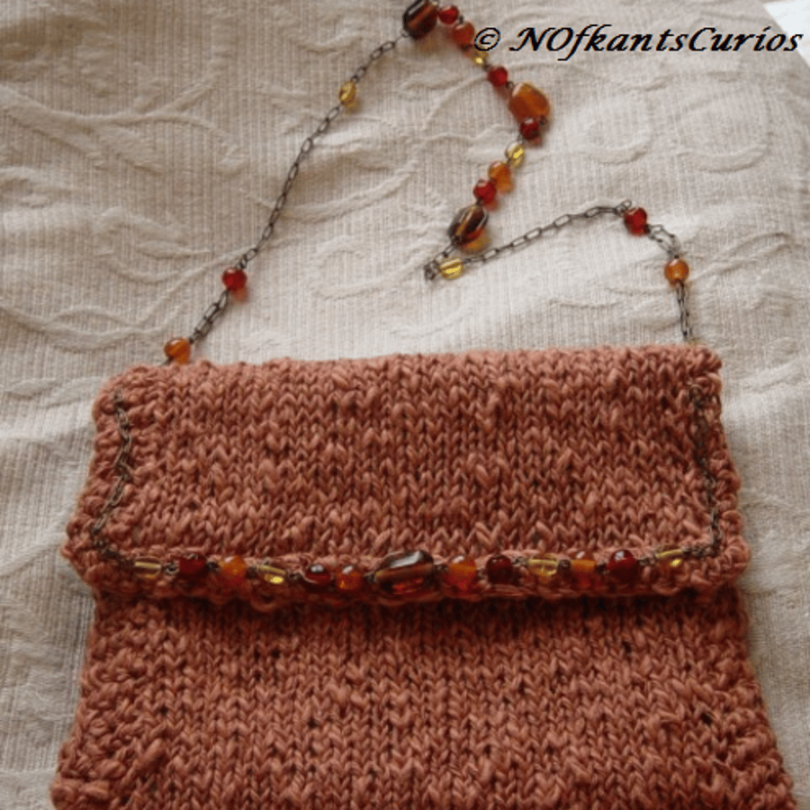 Russet Gem! Hand knitted and crocheted handbag with glass bead detail