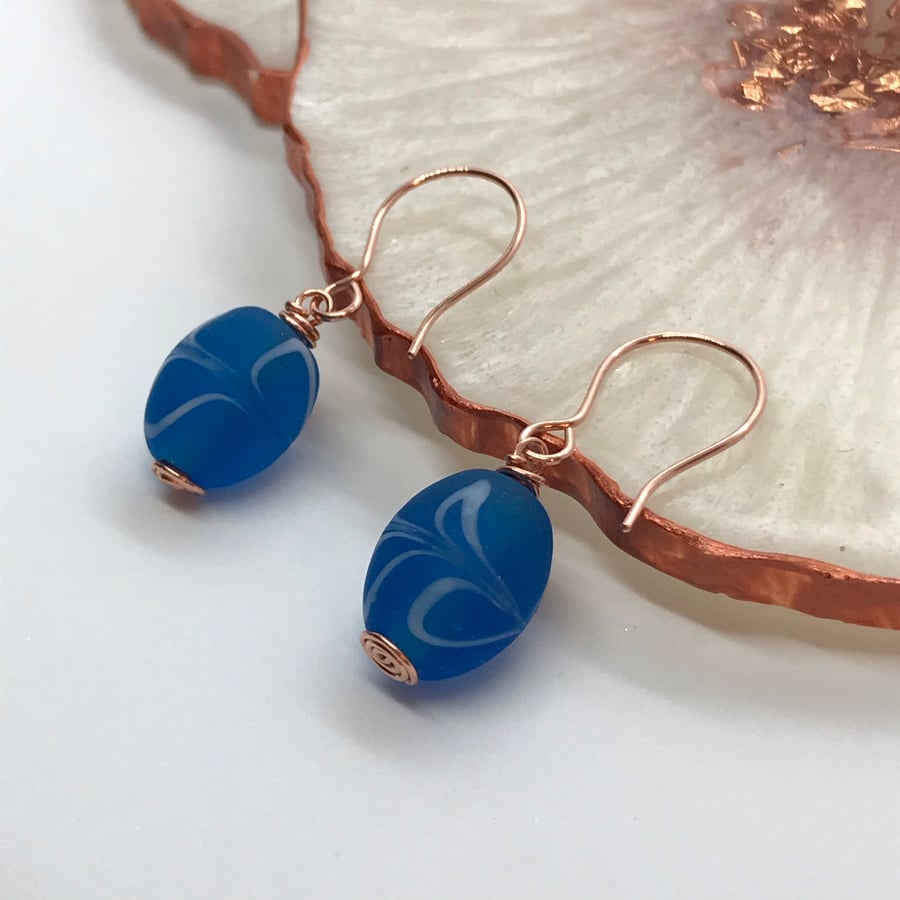 Blue & White Glass Bead & Copper Wire Earrings