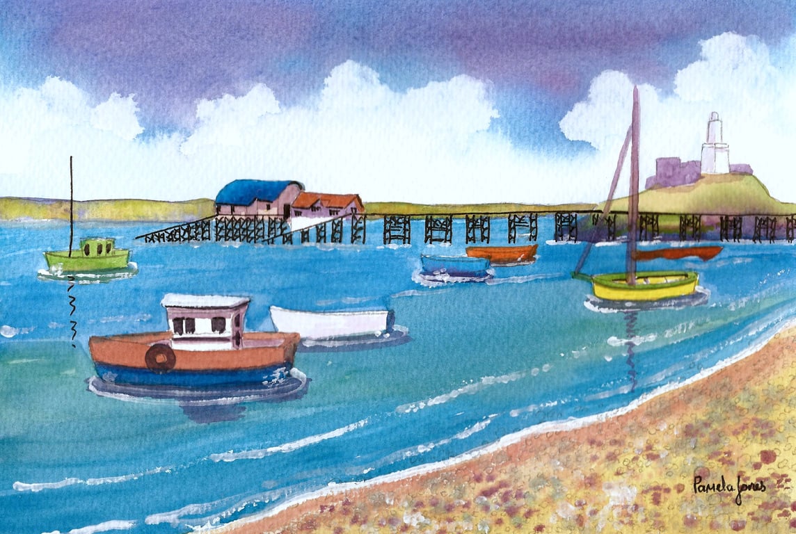 Mumbles Pier, Lighthouse and Boats, Original Watercolour, in 14 x 11 '' Mount