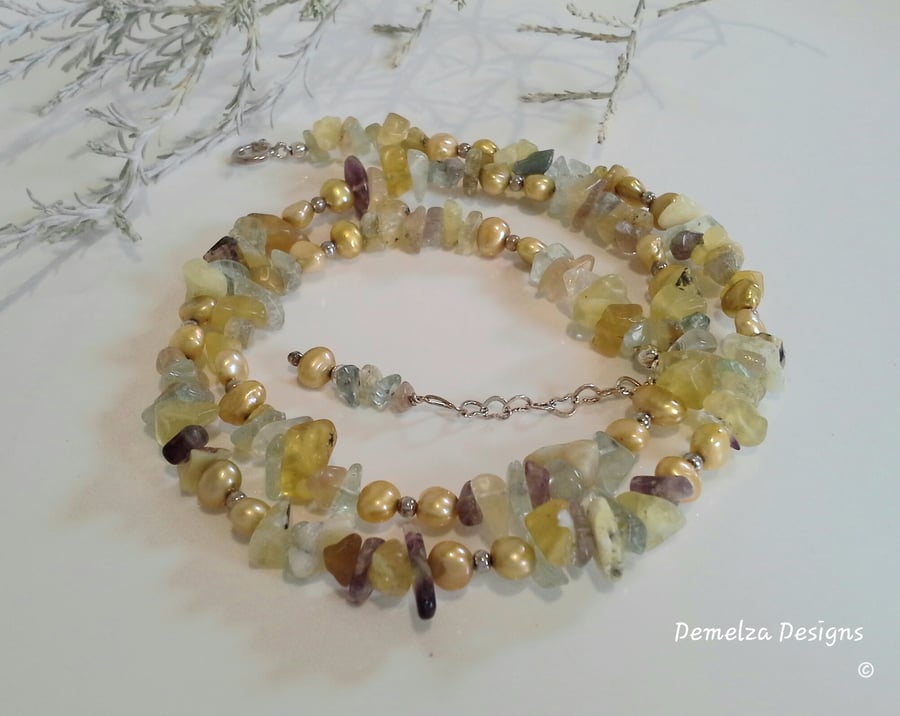 Rare Yellow Fluorite & Freshwater Pearl Sterling Silver Necklace