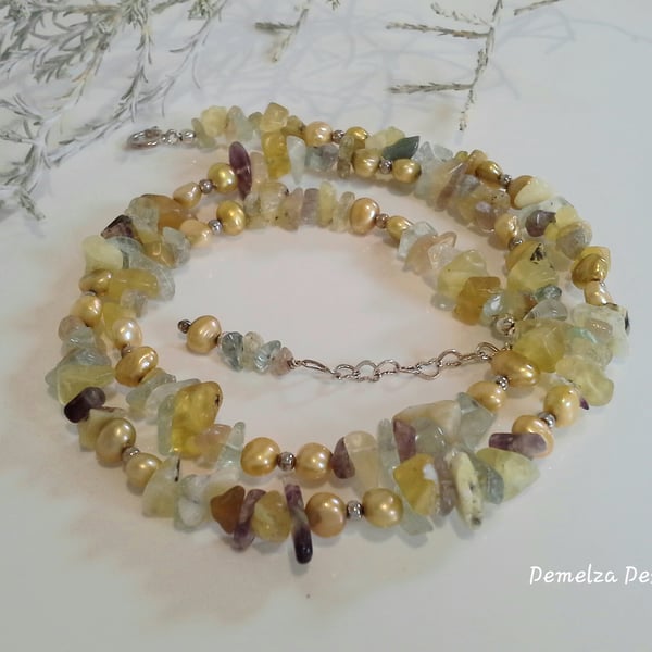 Ombre Freshwater Pearls & Multi Coloured Fluorite Sterling Silver Necklace