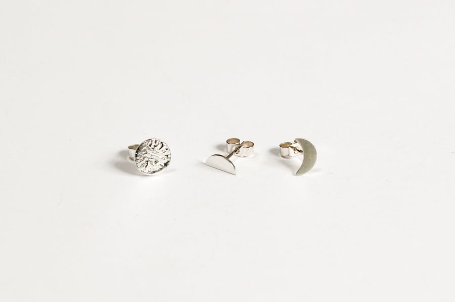 Moon cycle earrings, eco silver, triple earring set