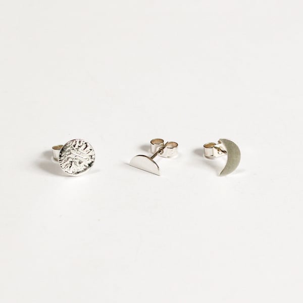 Moon cycle earrings, eco silver, triple earring set