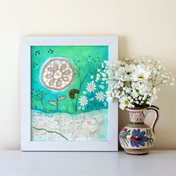 Shabby Chic Painting, Mixed Media Art with Doily, Rustic Frame Artwork