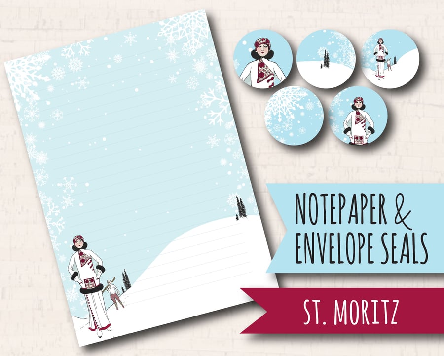 Letter Writing Paper Skiing in St Moritz, with co-ordinating envelope seals