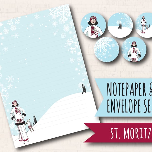 Letter Writing Paper Skiing in St Moritz, with co-ordinating envelope seals