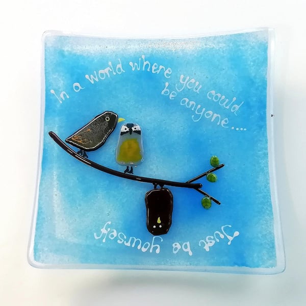 Fused Glass Bird Jewelry Dish: Inspirational Quote Trinket Tray