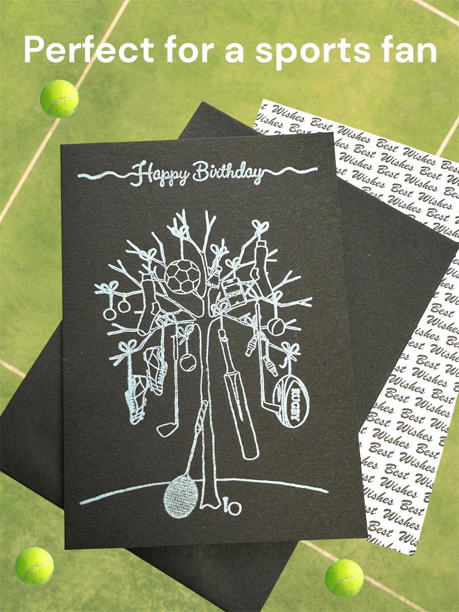  Sports birthday card of a tree hanging with sports equipment. Sports addict. 