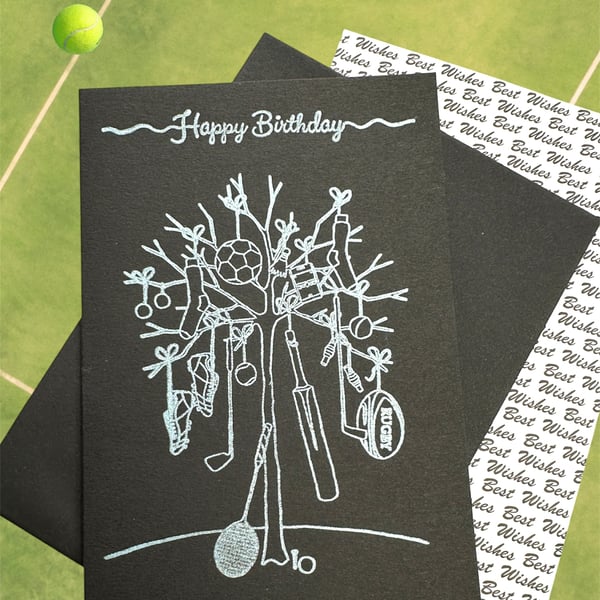  Sports birthday card of a tree hanging with sports equipment. Sports addict. 