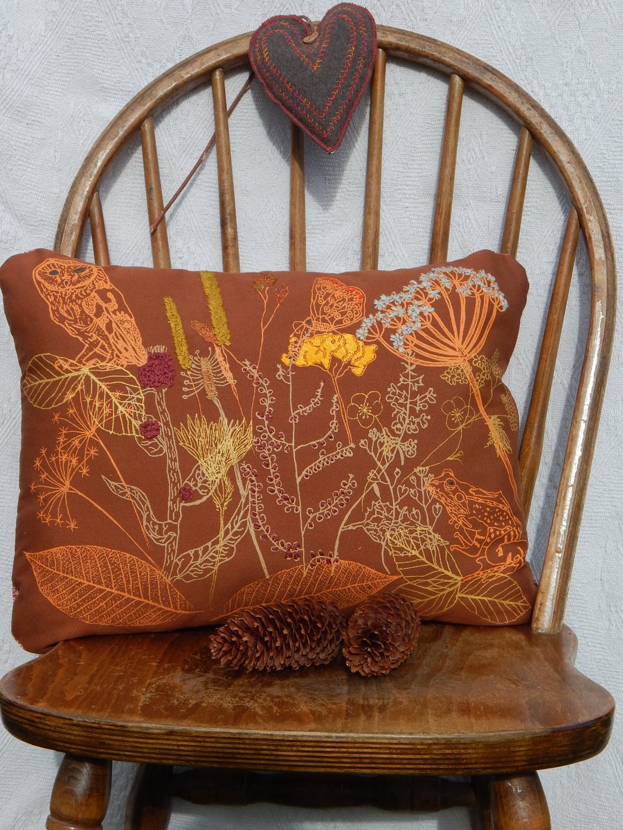 Hedgerow Brown -  Screen printed and hand embroidered cushion