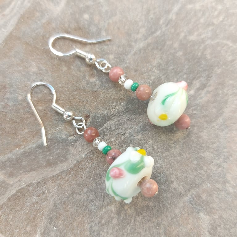 Dangle earrings with lampwork beads, white, pink and green, plus silver hooks