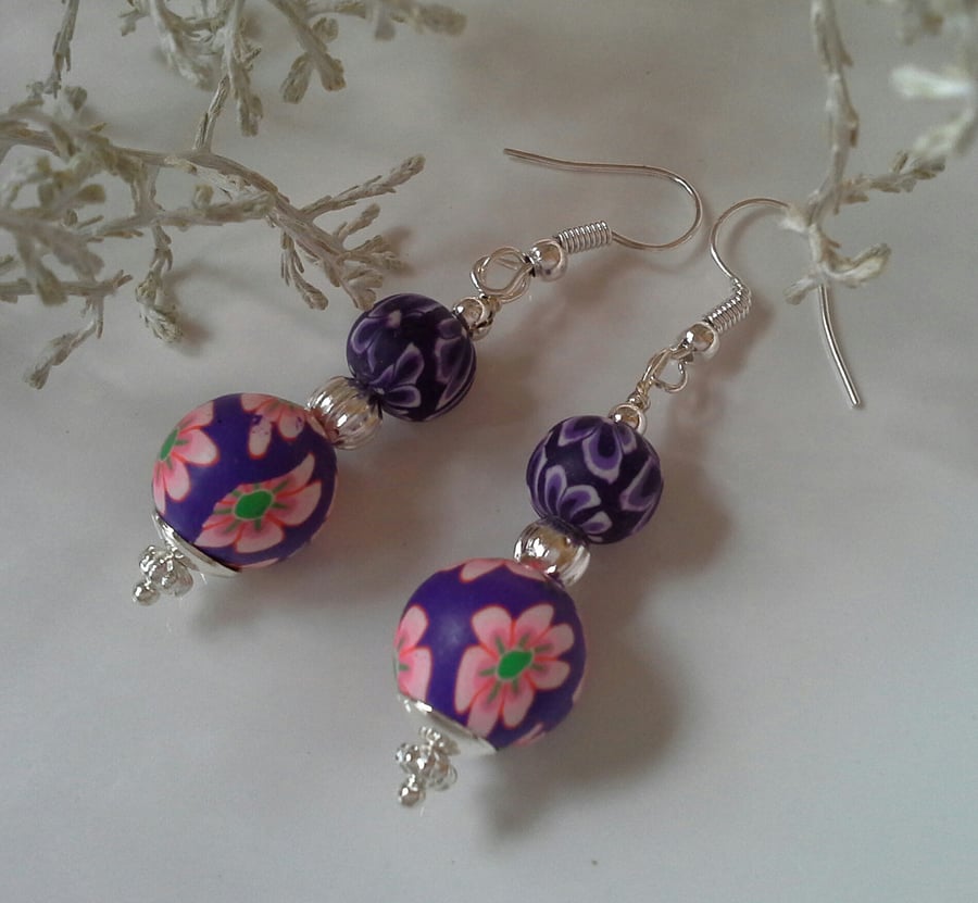 Pretty,  Feminine, Polymer Clay Silver Plated Earrings.