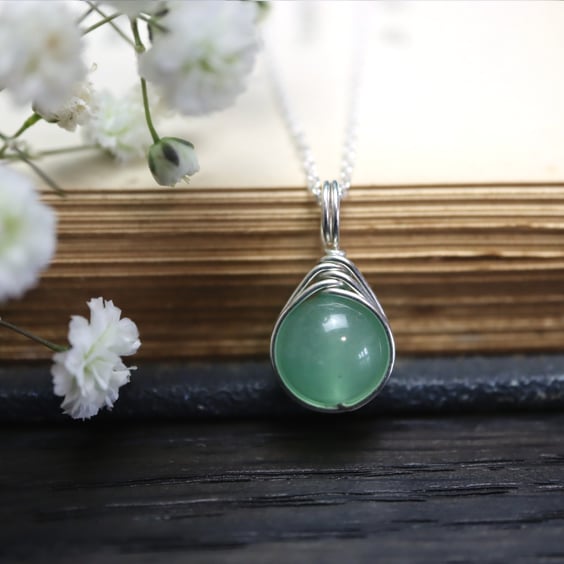 Green Aventurine Wire Wrapped Necklace in Sterling Silver