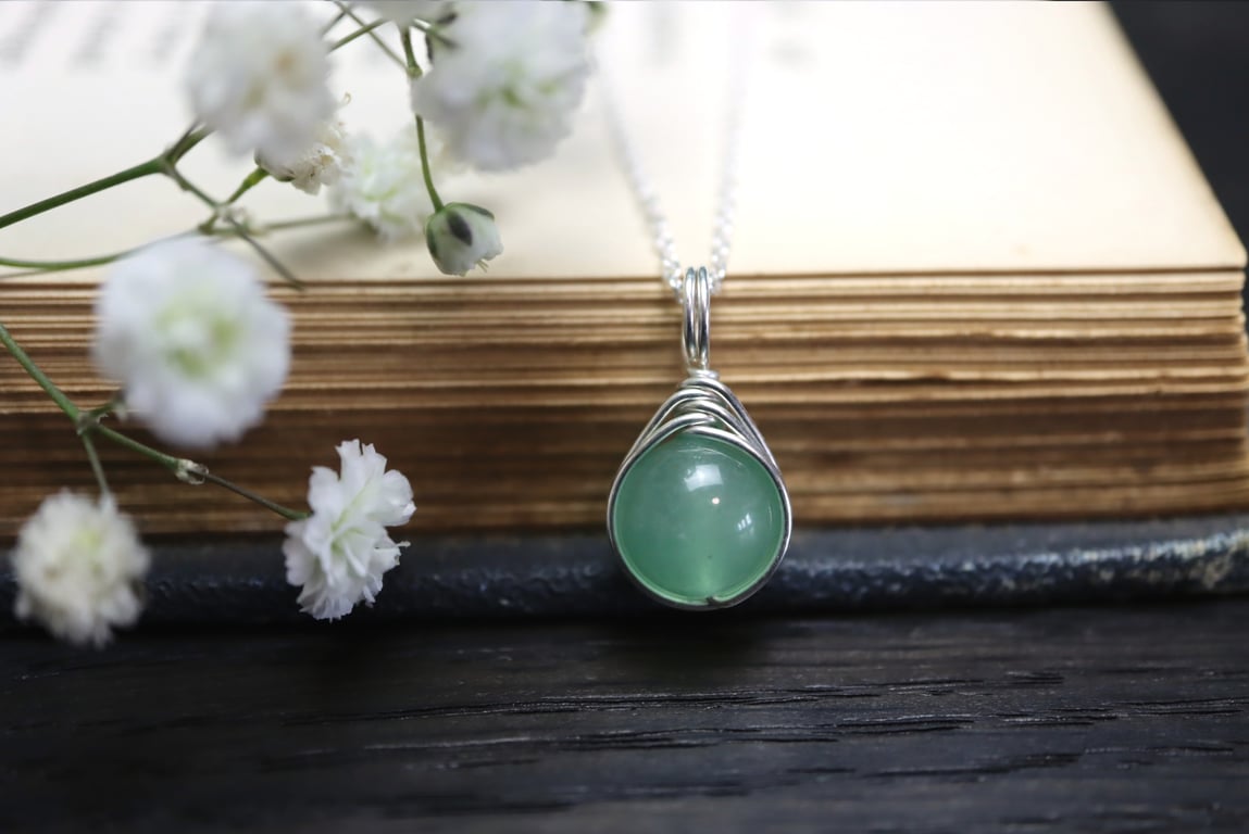 Green Aventurine Wire Wrapped Necklace in Sterling Silver