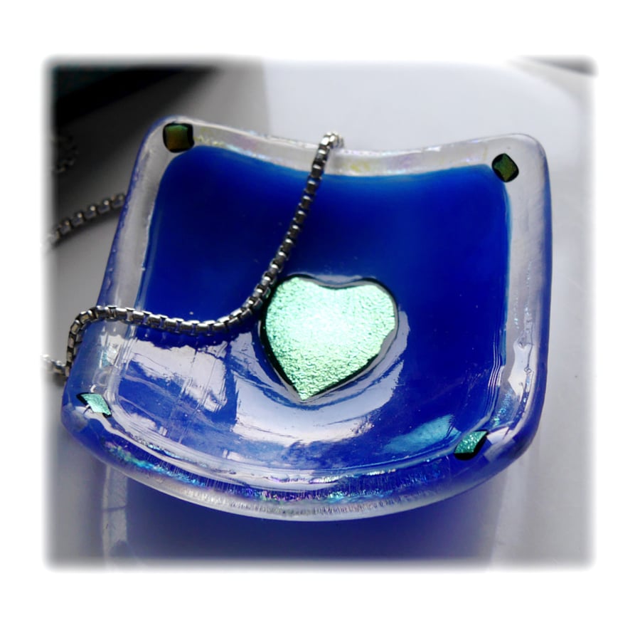 Earring Ring Dish Fused Glass 7cm Blue Dichroic Heart 014