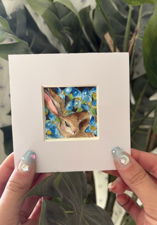 ACEO Original Resting Hare Rabbit with Blue Flowers Watercolour 